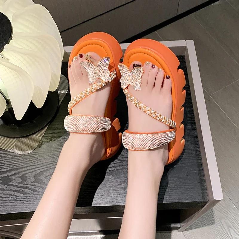 Fashion Women's Flat Slippers Toe Clip Bow Tie Rhinestones Anti-slip Slippers Shoes Leisure Beach Summer Fashion New Sandalias De Mujer