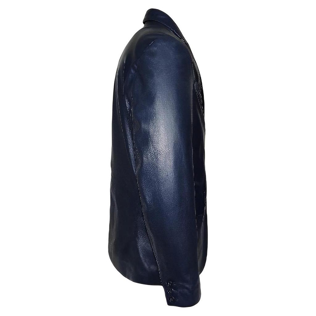 Noora Men's Navy Blue Leather Formal Blazer With Two Buttons Office Wear Blazer