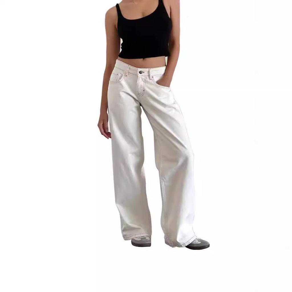 2026 Women's Casual Wide-Leg Non-Stretch Washed Denim Jeans - American Retro Low Waist