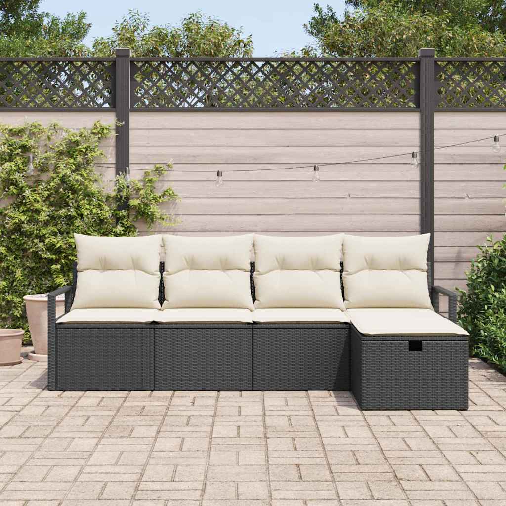 5 Piece Sofa Set with Cushions Black and Cream Poly Rattan
