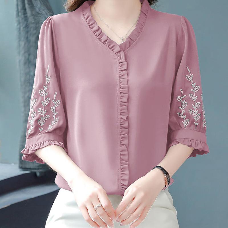Women's Clothing Temperament Solid Short Sleeve V-neck Pullovers Loose Patchwork Embroidery Elegant Fashion Casual T-Shirts