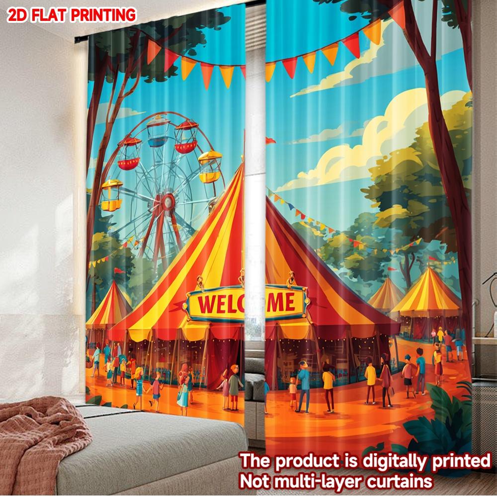 2D flat printing 2pcs Curtain Curtain Carnival Ferris Wheel Scene Digital Printed Polyester Drapes Birthday Party Perfect for 60×150cm(23.6×59in)