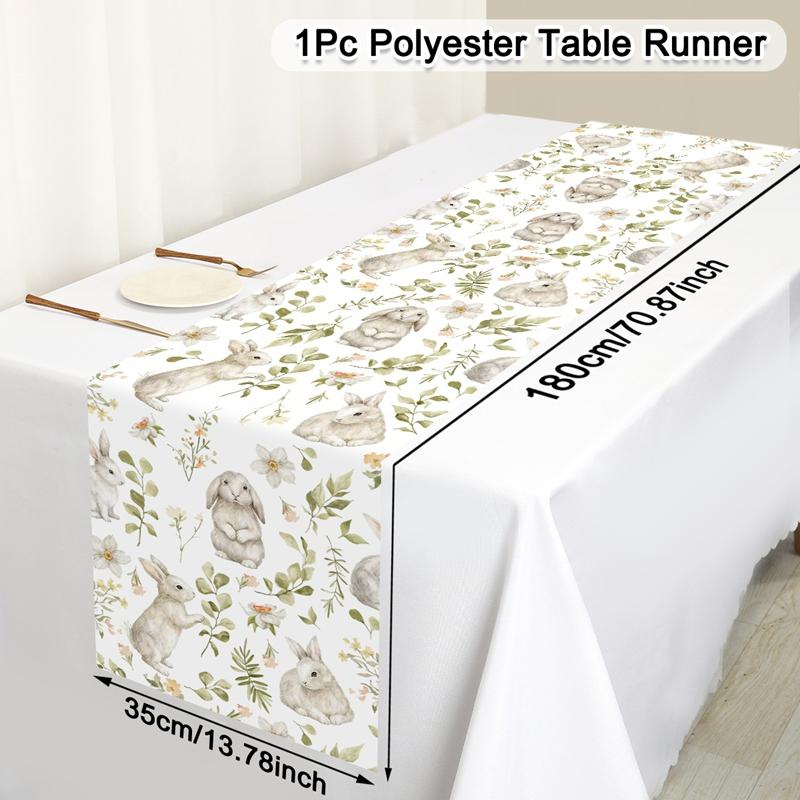 Vintage Easter Bunny Table Runner Polyester Rabbit Eggs Flower Table Flag Easter Decorations For Home Kitchen Dining Table Decor