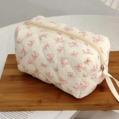 Sac à main mignon à nœud et fleur en tissu, matelassé en coton, trousse de maquillage pour femmes, organisateur cosmétique à fermeture éclair, étui de toilette portable pour filles