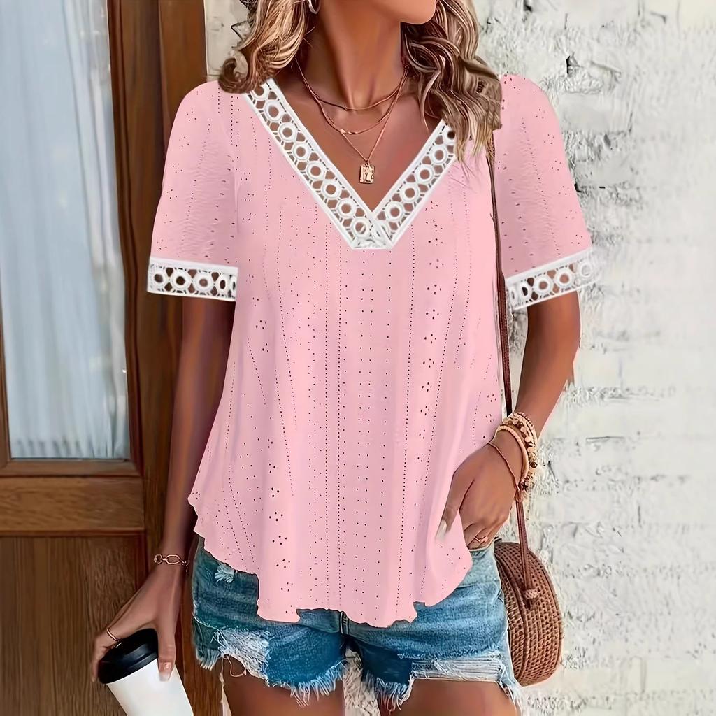 2026 Women's Spring/Summer Elegant Fashionable Comfortable Jacquard Short-Sleeve V-Neck Lace Trim T-Shirt Top