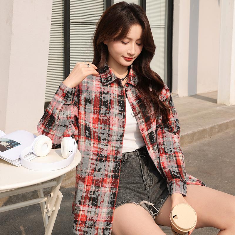Loose Tie Dye Versatile Trendy Casual Top Shirts Jacket Spring and Autumn Checkered Long Sleeved Printed Women's Shirts