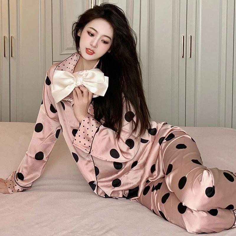 Ice Silk Long-Sleeved Pajamas For Women'S Autumn Girlfriends, Polka Dot Sweet, Can Be Worn Outside, Loungewear Two-Piece Set