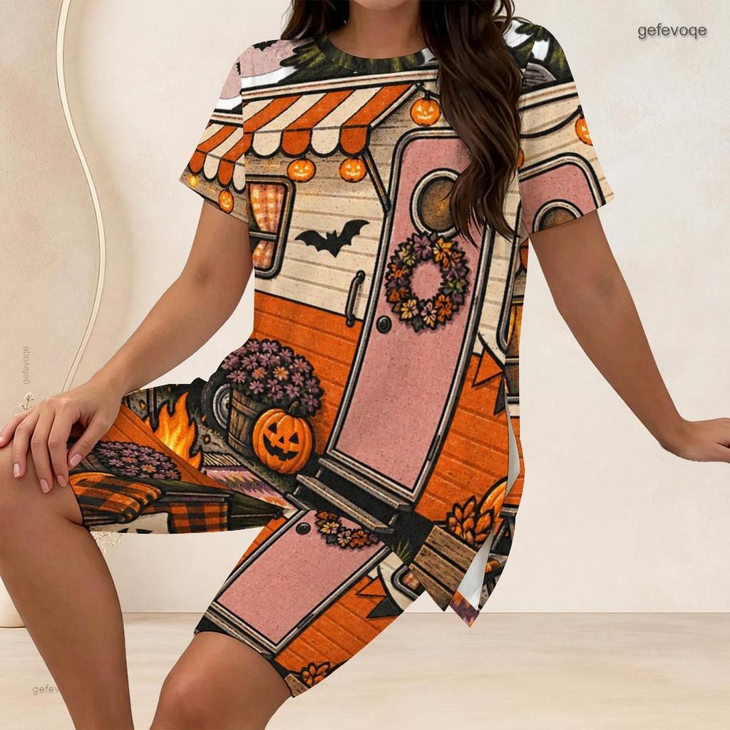 Women Plus Size Two Piece Set Pumpkin Bee Floral Print Round Neck Short Sleeve Split Top Knee Length Pants