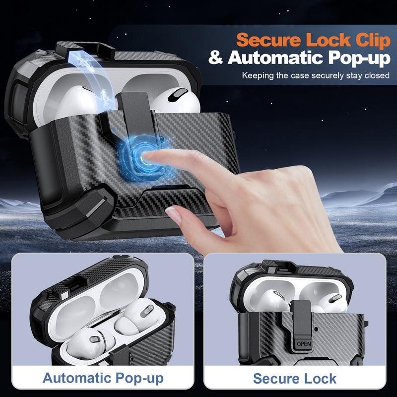 Carbon Fiber Texture Earphone Case For AirPods 4 Pro 3 2 1 Bluetooth Headset Cover with Phone Holder Keychain Earphone Charging Box