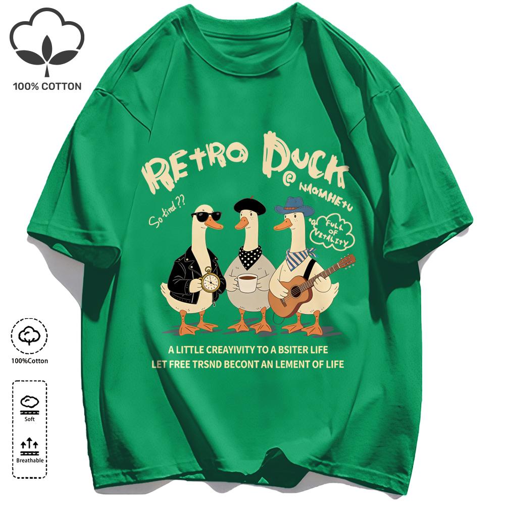 Retro Duck With Free Time T Shirt Unisex Fashion All-Match Basics Streetwear O-Neck Cotton Clothing Unisex Summer Loose Tee