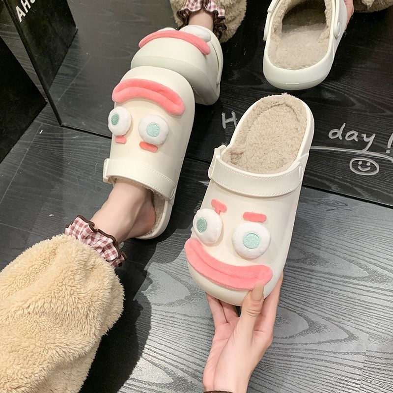 2025 new niche cute non-slip velvet design feeling fluffy slippers head cotton slippers women's autumn and winter wear