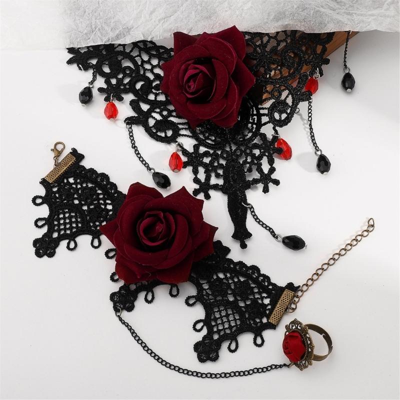 2pcs Gothic Lace Choker Necklace Finger Rings Bracelet Halloween Costume Accessories Jewelry for Women Girls Gift