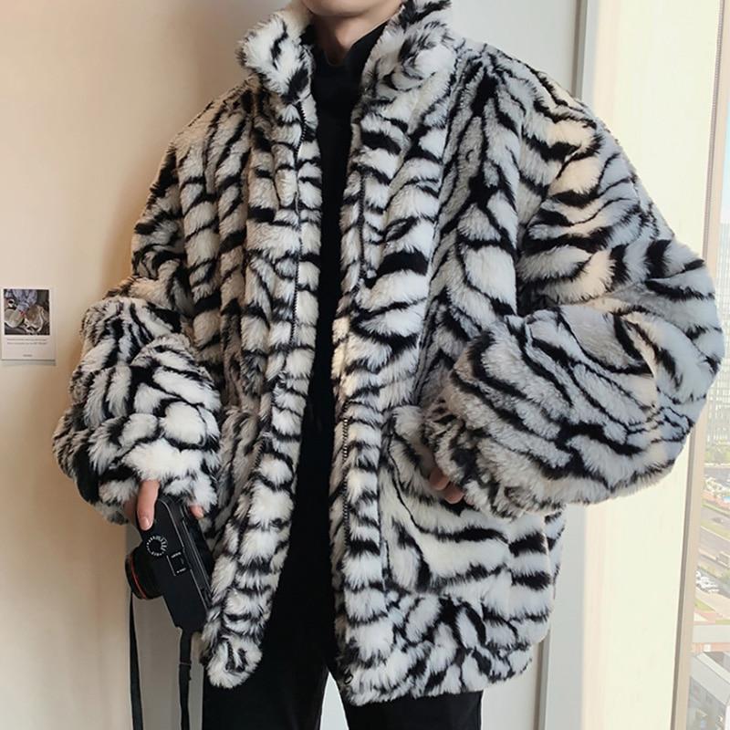 Winter Men Faux Fur Tiger Pattern Coat Jacket Male Fashion Loose Warm Coat Male Streetwear Thicken Outwear