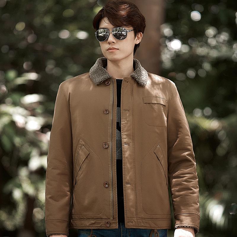 Men's Winter Fleece-Lined Lapel Military Jacket - Loose Fit Lambswool Coat