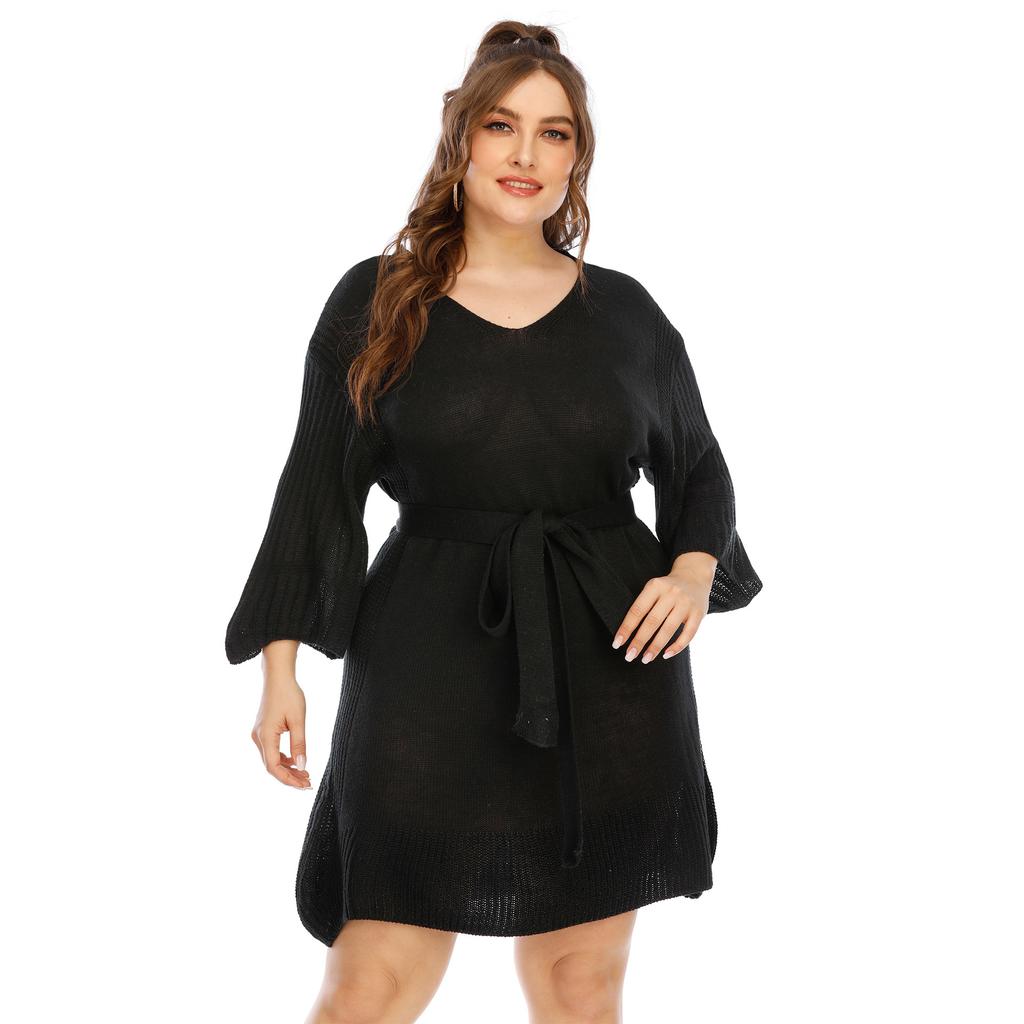 Damskie sukienki swetrowe z rozszerzanymi rękawami i wiązaniem w talii na jesień i zimę