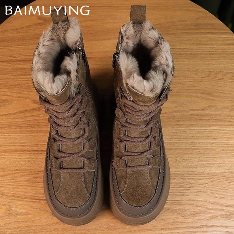 Platform Women Snow Ankle Boots Short Plush Designer Lace Up Cotton Mid Heels Shoes 2025 Trend Winter Warm Walking Botas Mujer