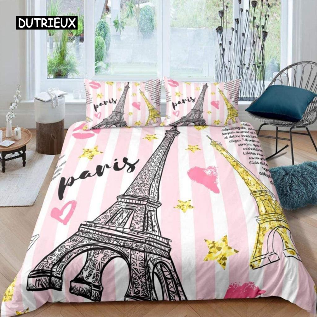 Paris Duvet Cover Set Polyester Paris Theme White Pink Stripe World-Famous Architecture Creativity Double Queen King Quilt Cover