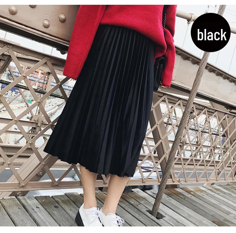 Elegant Pleated Mid-Length Skirt: Spring/Autumn, Solid Color, Elastic Waist, Loose Fit, Plus Size.