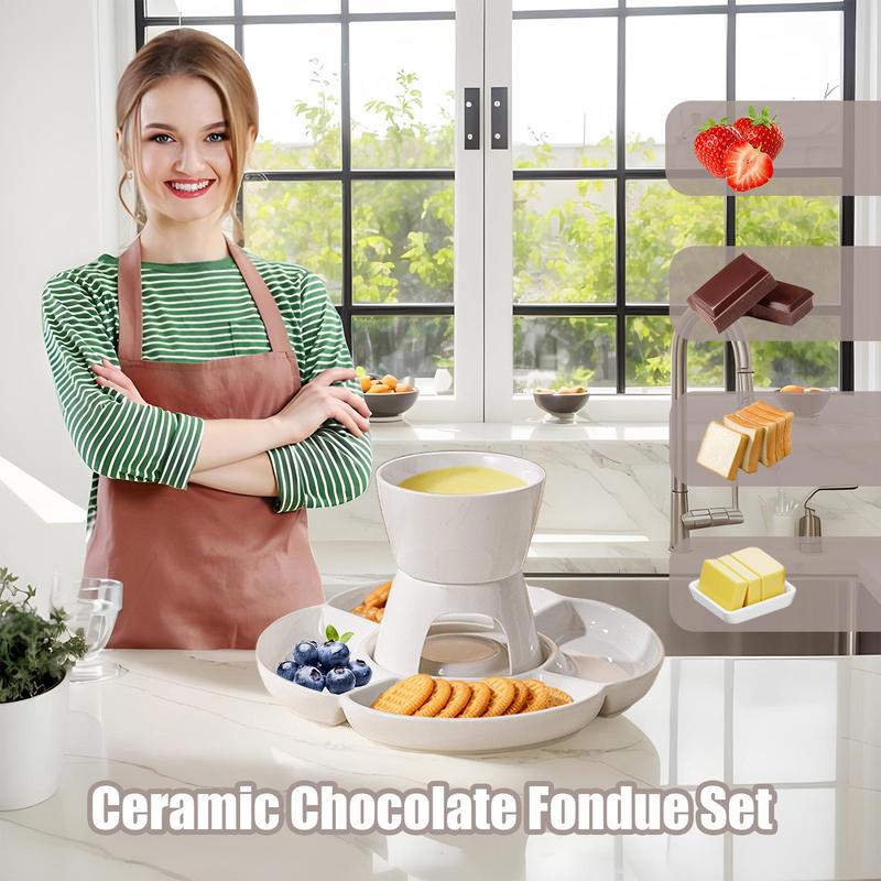 Ceramic Fondue Maker Set With Fork And Tray Candle Heating Melt Hot Pot Bowl Set For Cheese Chocolate Candy