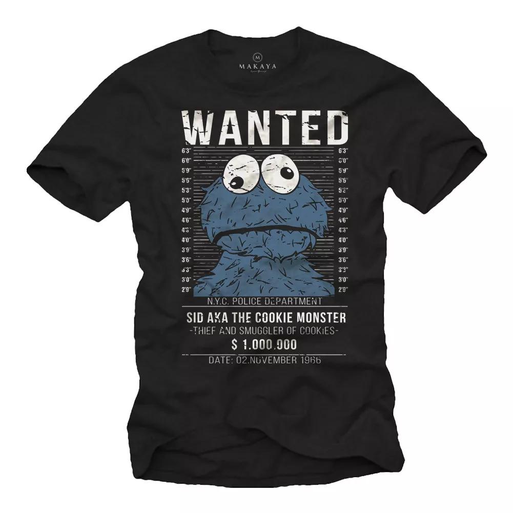 FUNNY WANTED MEN SERIES shirt WITH MONSTER PRINT DESIGN - SHORTSLEEVE COOKIE TEE 2XL