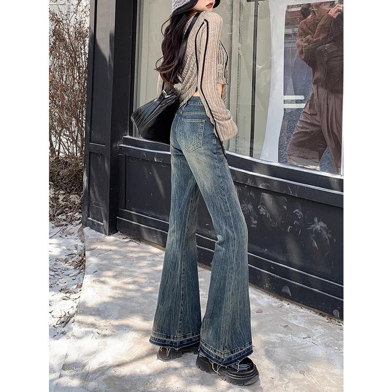 Blugi retro evazați cu talie înaltă pentru femei - Mărimi mari, Spălați cu margine nefinisată, Ideali pentru moda de toamnă/primăvară.