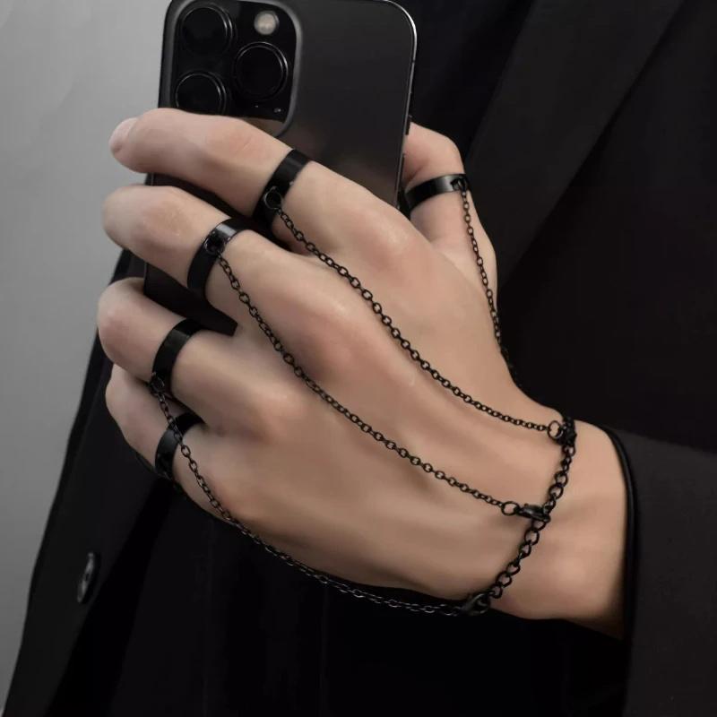Punk Geometric Black Color Chain Wrist Bracelet Ring For Women Men Open Ring Copper Link Chain Girls Cool Design Fashion Jewelry