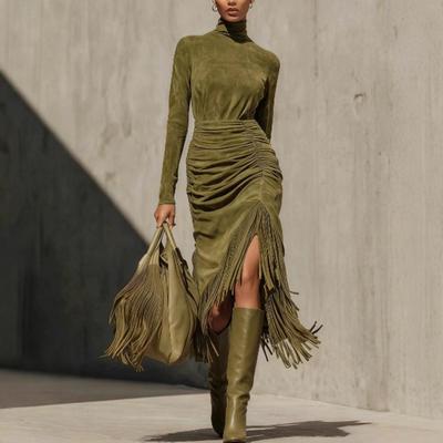 Women's Long Sleeved Elegant Temperament Sexy Irregular Tassel Solid Color Dress