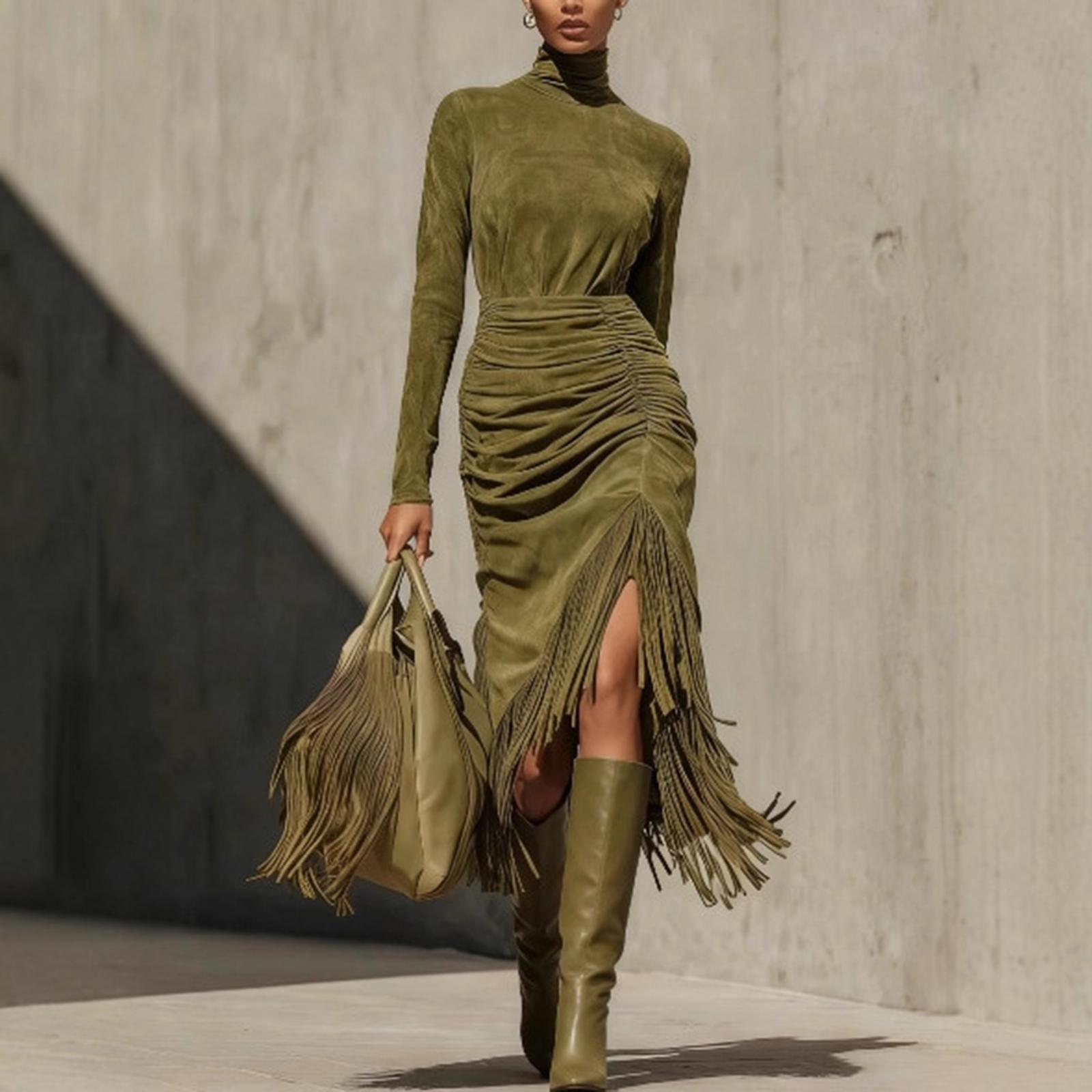 

Women s Long Sleeved Elegant Temperament Sexy Irregular Tassel Solid Color Dress L