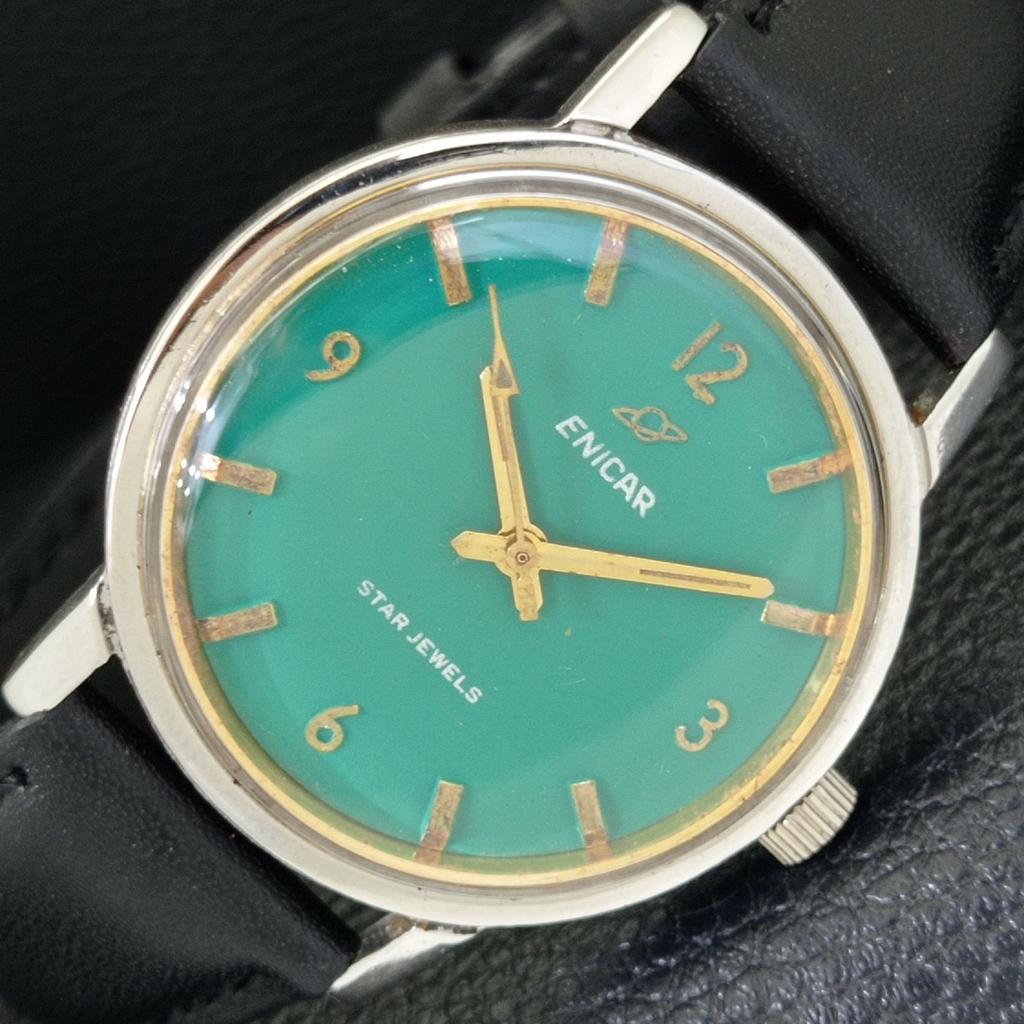 VINTAGE ENICAR STAR JEWELS HAND-WINDING 1140 SWISS MENS GREEN WATCH A702041-5 R208-a702041