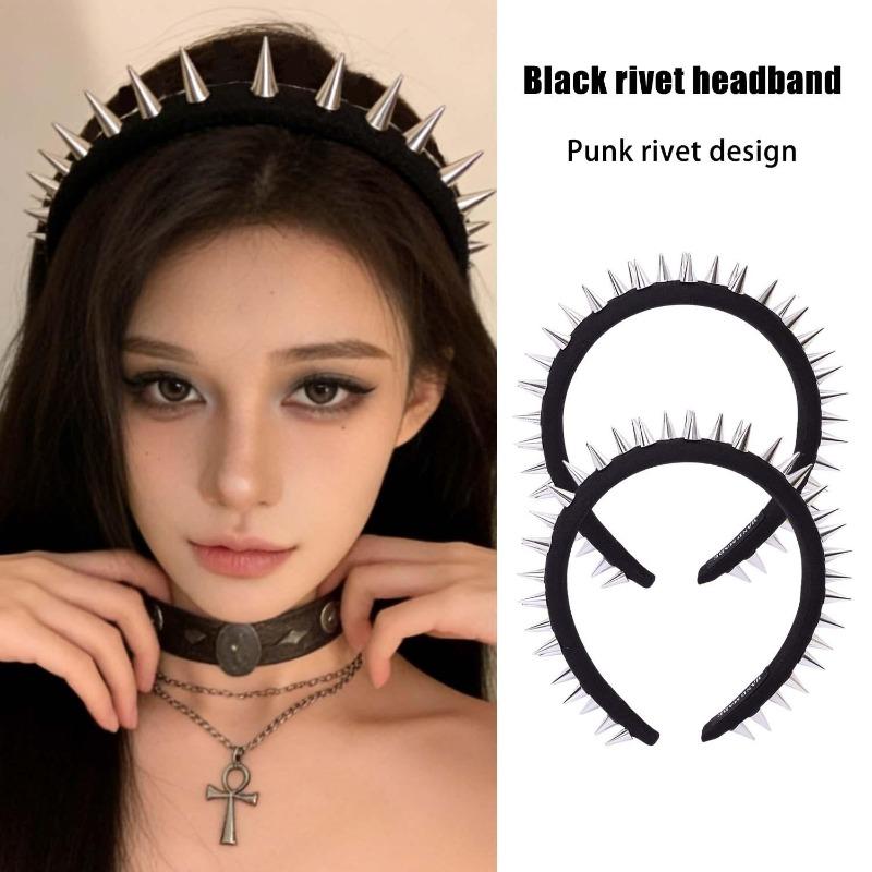 Fascia Nera Larga Borchiata Punk Rock per Dimagrire il Viso Fascia per Capelli Sottocultura Edgy Y2K Moda Alternativa Accessori per Capelli per Donne