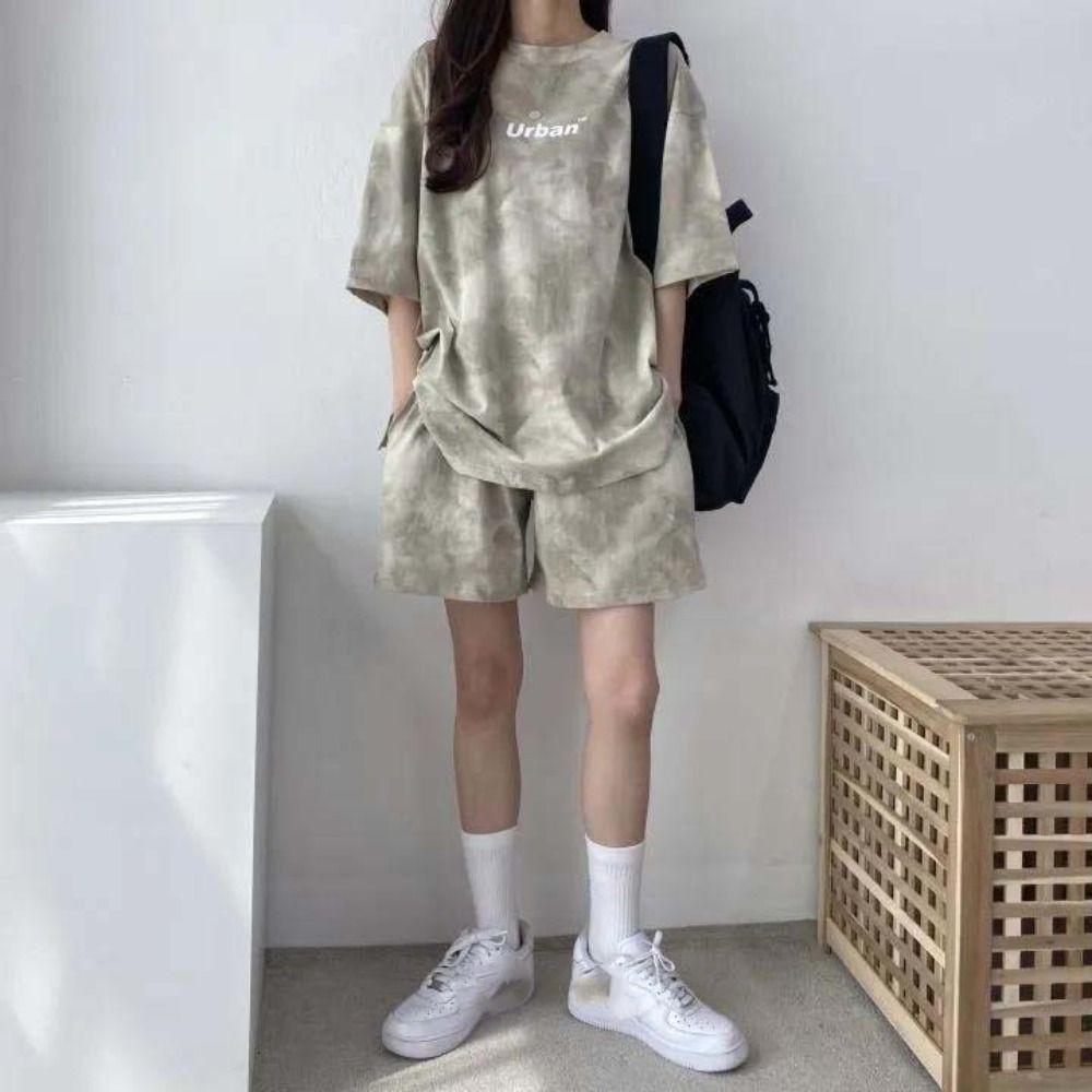 Large Size Two-piece Tracksuit Letter Casual Clothings Women Short Sleeve T-shirt Shorts  Female