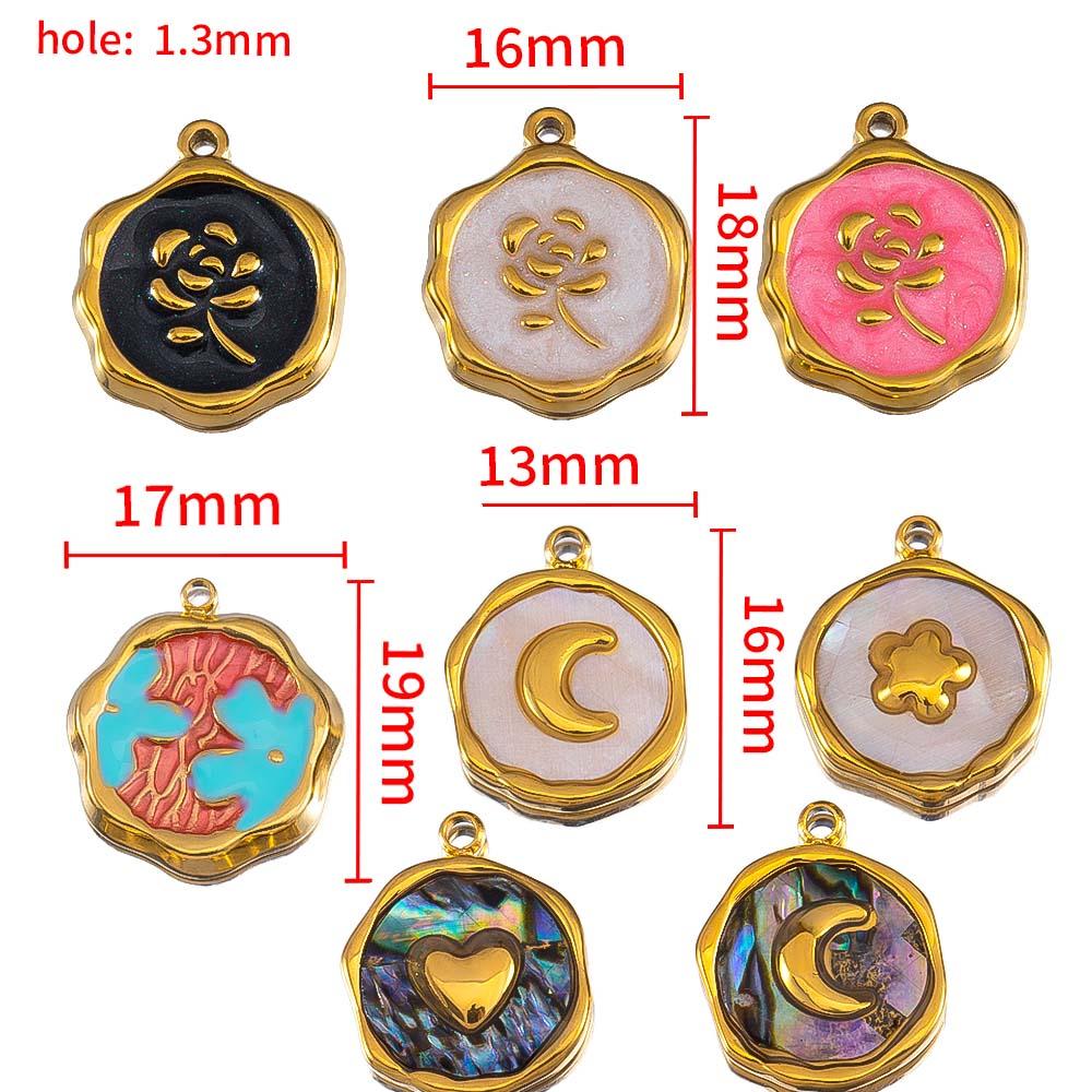 2pcs Stainless Steel Gold Plated Enamel Flower Rose Heart Moon Bracelet Charm for DIY Necklace Earring Component Jewelry Making