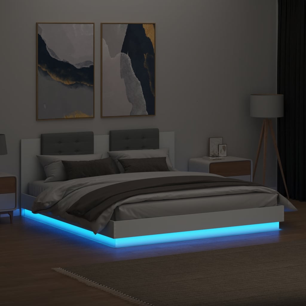 Bed Frame with Headboard and LED Lights White 160 X 200 Cm