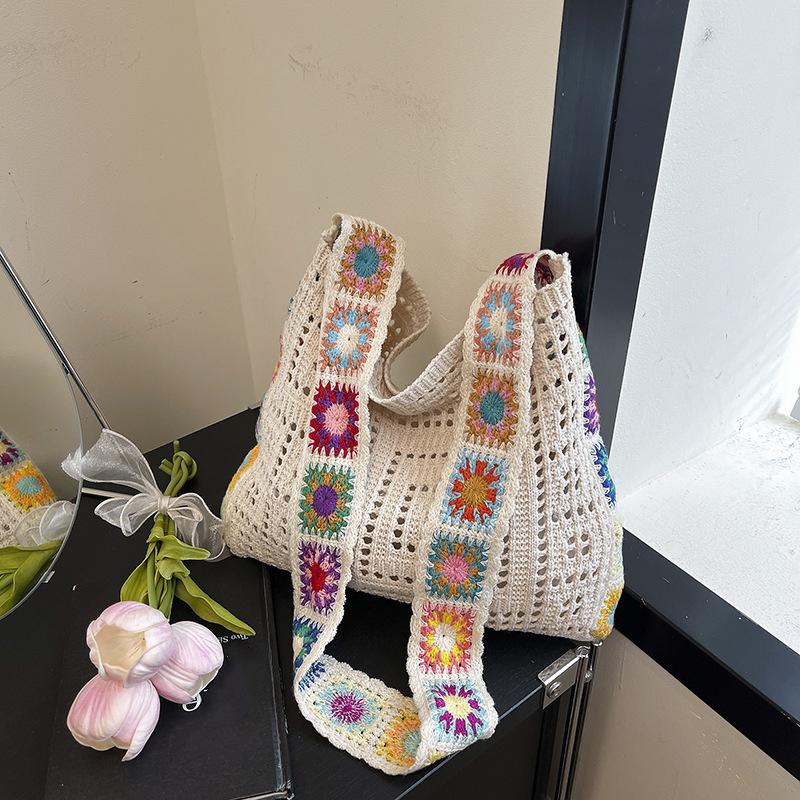 Large Capacity Fashi Boho Tote Bag Trendy Floral Crochet Handmade Knitted Bag Vintage Multicolor Hollow Out Handbag