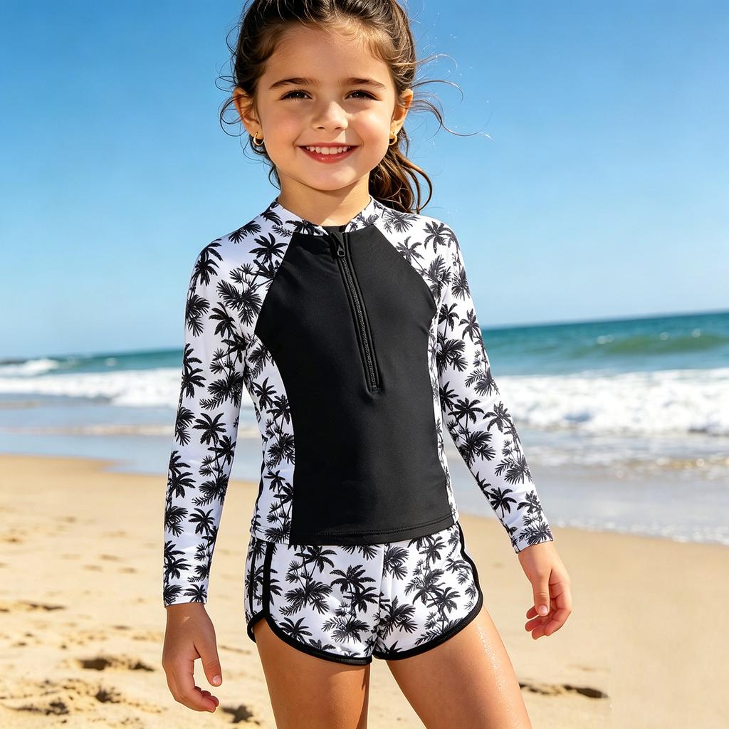 Dívčí Rash Guard Plavky Set Dlouhý Rukáv Zip Vpředu Horní Díl s Tropickým Potiskem a Pasové Plavky Dvoudílné Plavky pro Děti