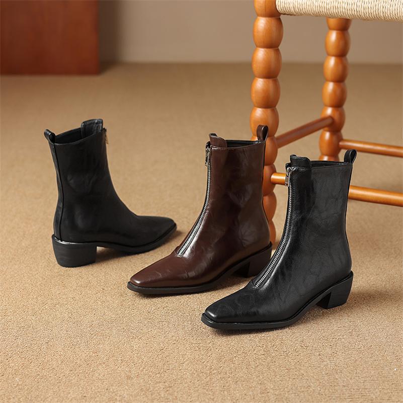 FOREADA Női Bokacsizmák Szögletes Orr Blokk Közepes Sarok Cipzáras Rövid Csizmák Tömör Női Divatcipők Ősz Tél Fekete Barna 43