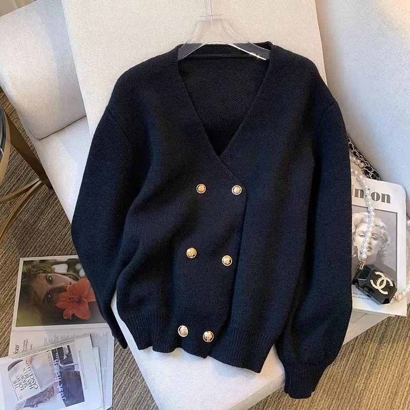 

Весенне-осенний новый кардиган крупной вязки с воротником, женский повседневный универсальный шикарный свитер-жакет, тренд XXL чёрный
