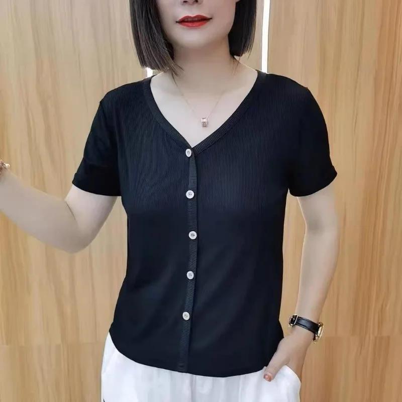 Women's White V-Neck Knit Top Short Sleeve Button Front Casual Slim Fit Blouse