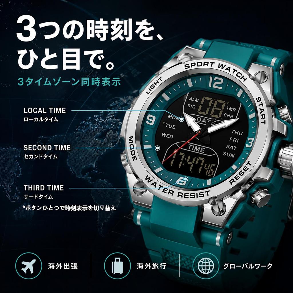 Men's Digital Military Watch with 3 Time Zones, 5ATM Water Resistance, LED Backlight, and Sport Watch Function