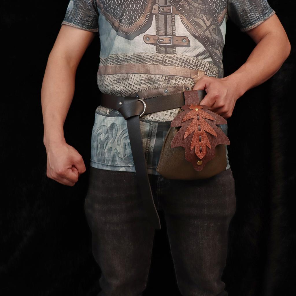 Two-piece Medieval Viking Plain Faux Leather Belt Crossbody Leaf Waist Bag Alchemist Suit Belt Role Play Accessories