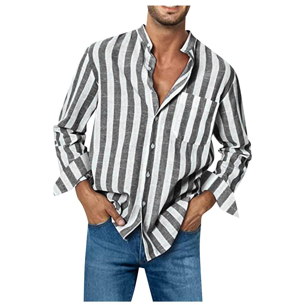 Moda Uomo Casual Tasca A Righe Bottoni Manica Lunga Top T-Shirt Camicia