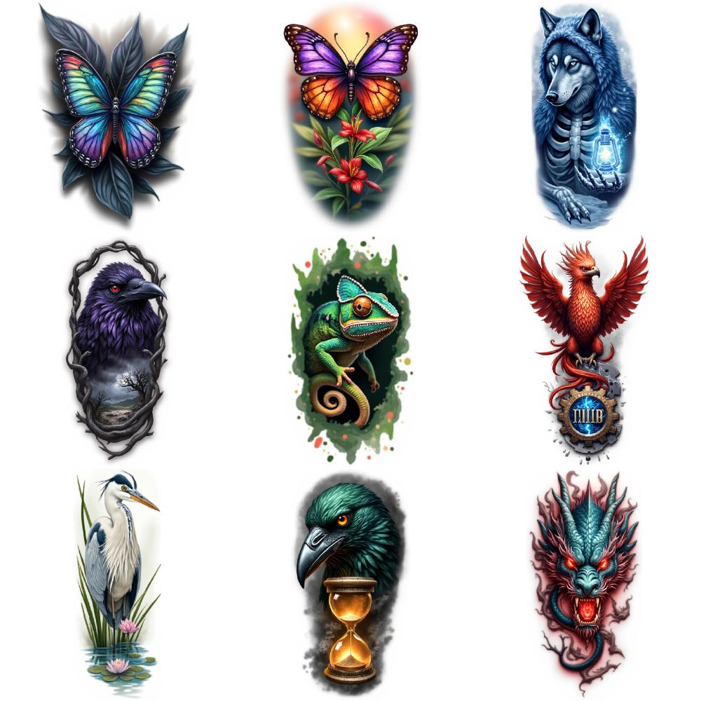 9pcs Temporary Tattoo Colorful Realism Crow Chameleon Fox For Women Adults Shoulders