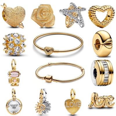 925 Silver Gold Plated Rose Bow Bead Leaf Sun Moon Pendant Bracelet DIY Exquisite Jewelry