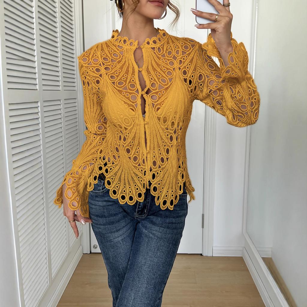 Women’s Sexy Ruffle Long Sleeve Summer Lace Tops 2026 Puff Flare Shirt V Neck Hollow Out Button Down Tunic Blouses