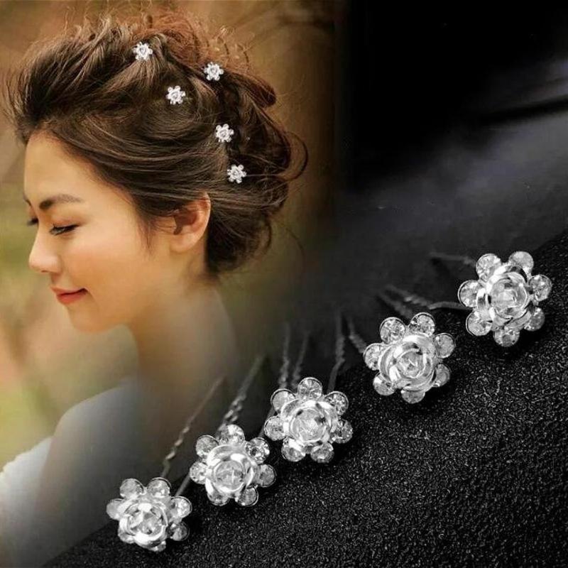 Alloy Diamond Studded Rose Hair Fork U-shaped Hairpin Brides Braided Hair Princess Diamond Studded Rose Headpiece Ladies Jewelry