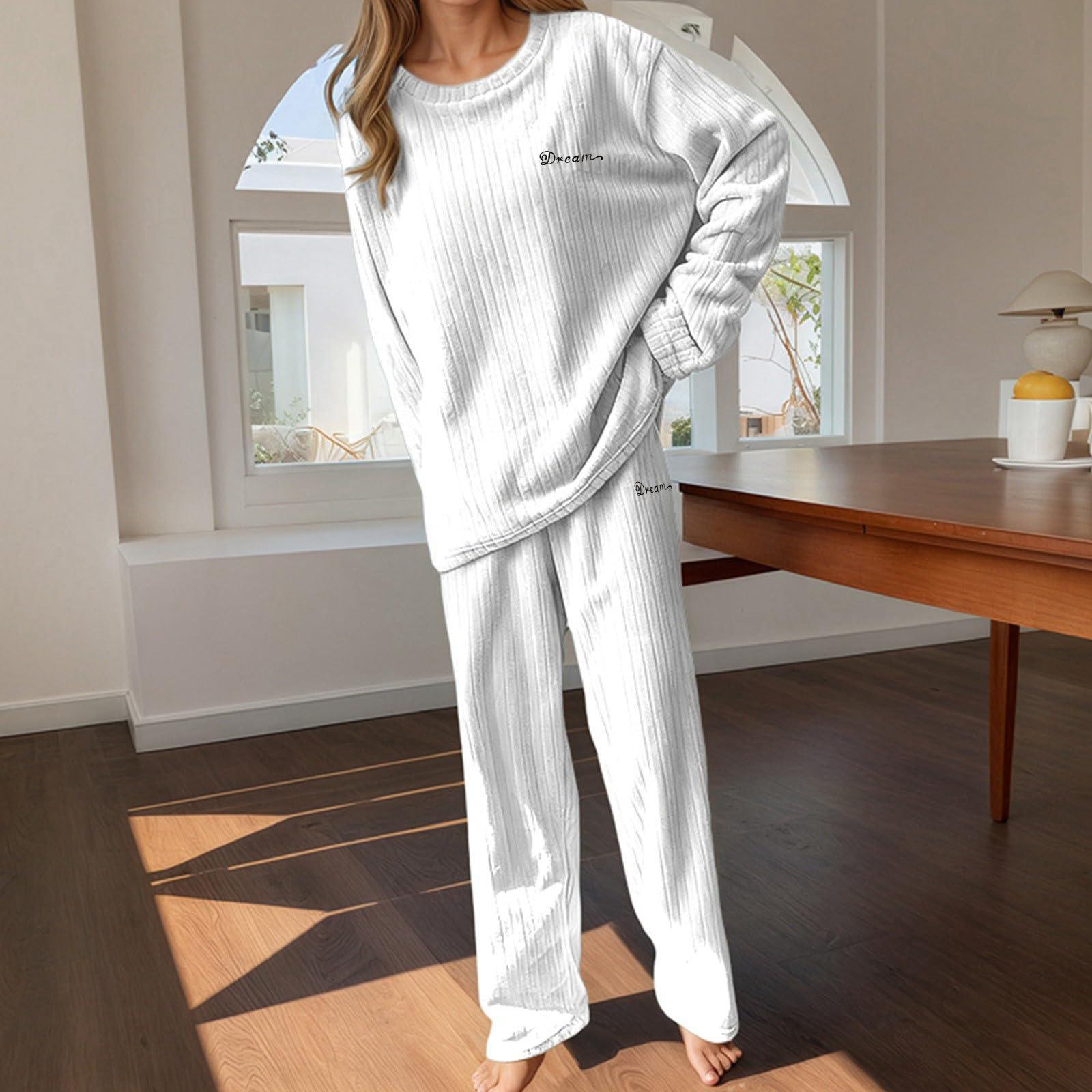 

Women Set Long Sleeve Lounging Warm Fleece Sleepwear Winter High Elastic Crewneck Loungewear Sets One Size білий