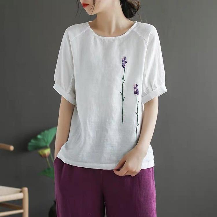 Classic Flower Embroidered Cotton Linen Round Neck Short-sleeved T-shirt for Women In Summer New Large Size Loose Versatile Top for Women