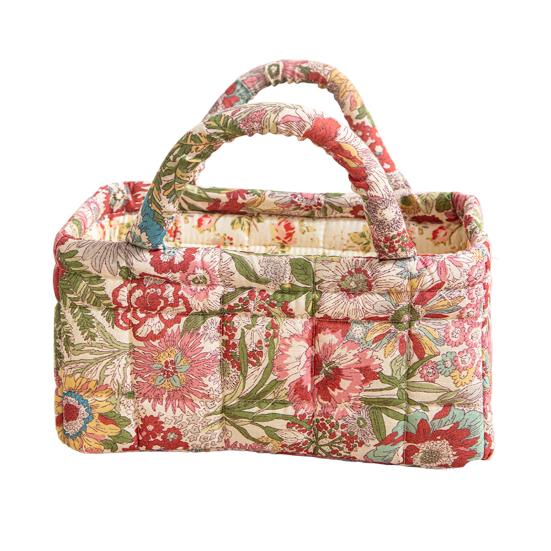 Quilted Floral Storage Basket Fabric Foldable Storage Tote with Handles Boho Collapsible Basket for Nursery Toys Towels Clothes Storage