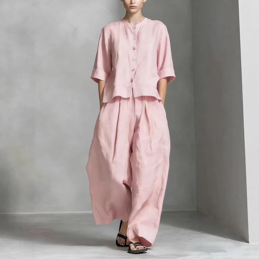 Completo Due Pezzi Donna Primavera/Estate Nuovo Casual Cotone Lino Camicia Pantaloni Larghi