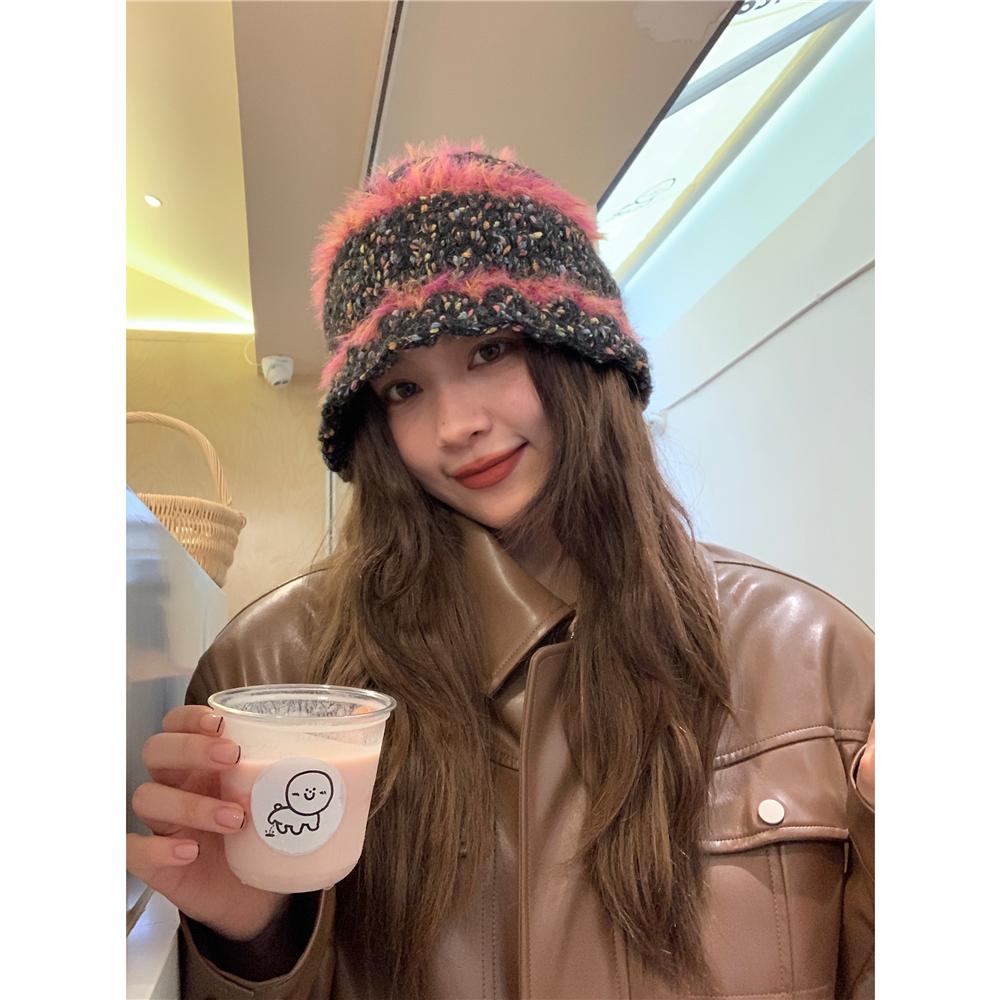 Dopamine Color Retro Knitted Bucket Hat Women's Autumn and Winter Face Small Warm Versatile Wool Hat Tide